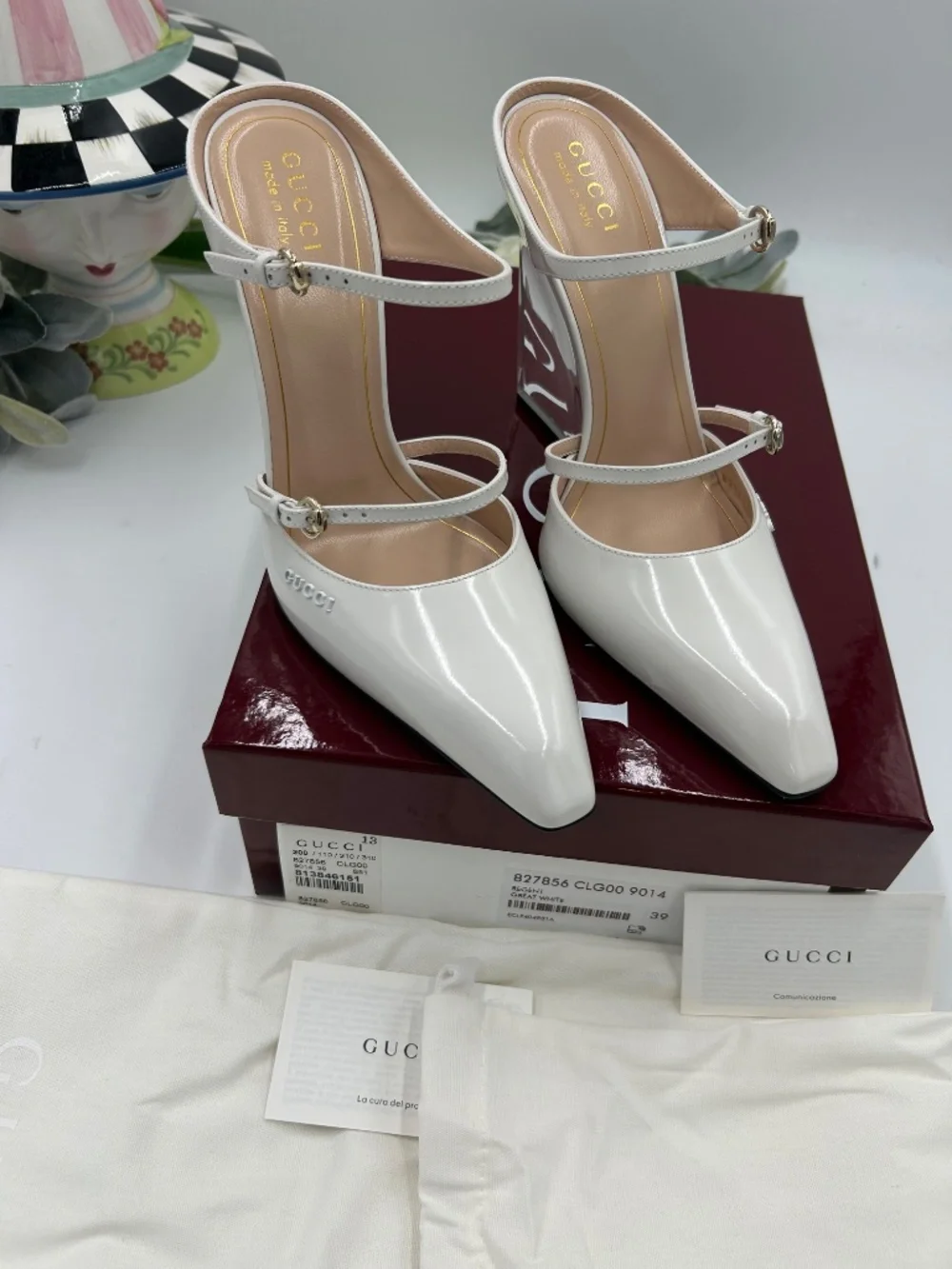 Women’s Gucci Christy Regent White Patent Leather Wedge Mules. Size 9.